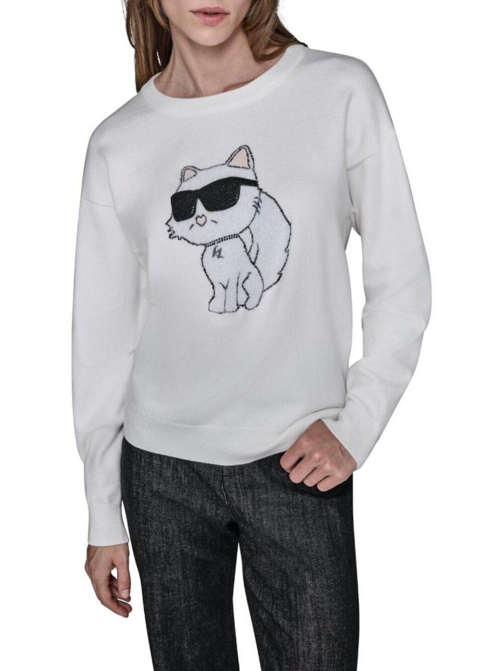 Chic Women's Long Sleeve Crew Neck Sweater with Cool Cat Graphic Design